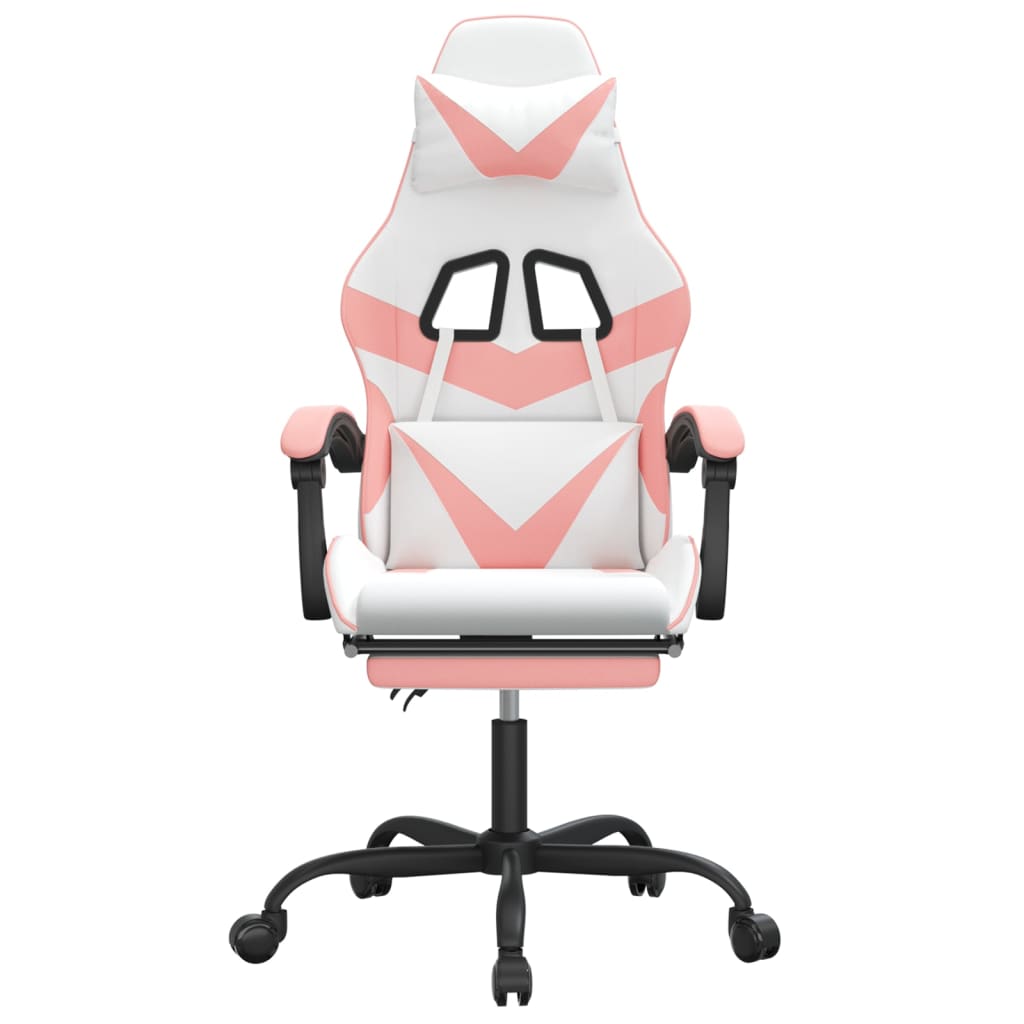 swivel gaming chair with footrest, white and pink, faux leather