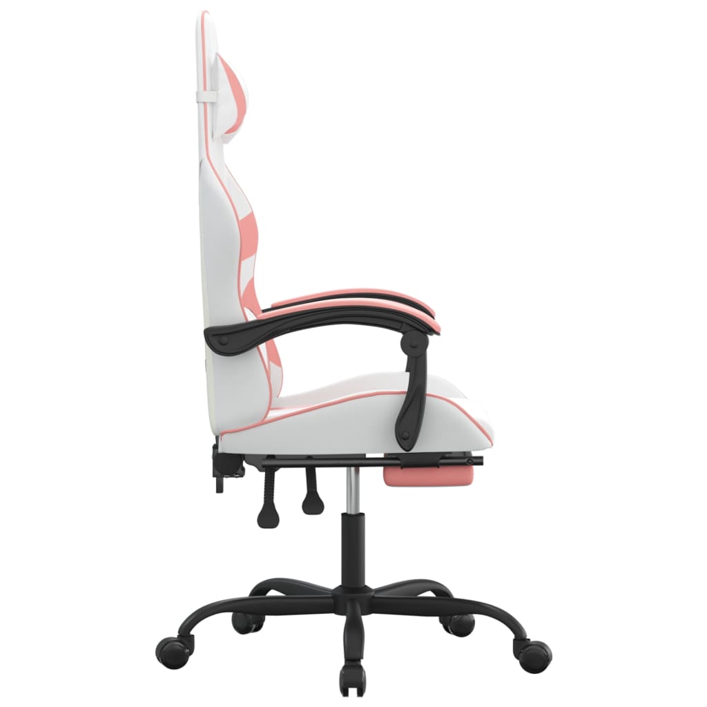 swivel gaming chair with footrest, white and pink, faux leather