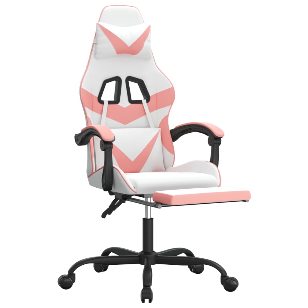 swivel gaming chair with footrest, white and pink, faux leather