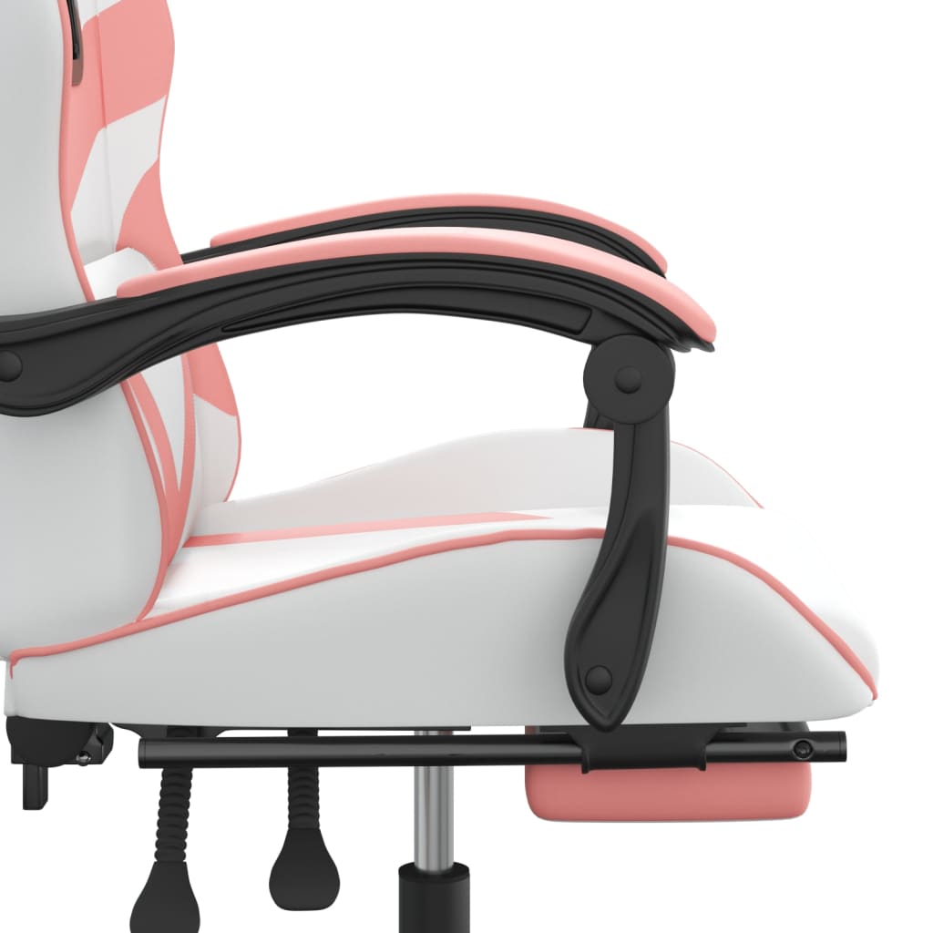 swivel gaming chair with footrest, white and pink, faux leather