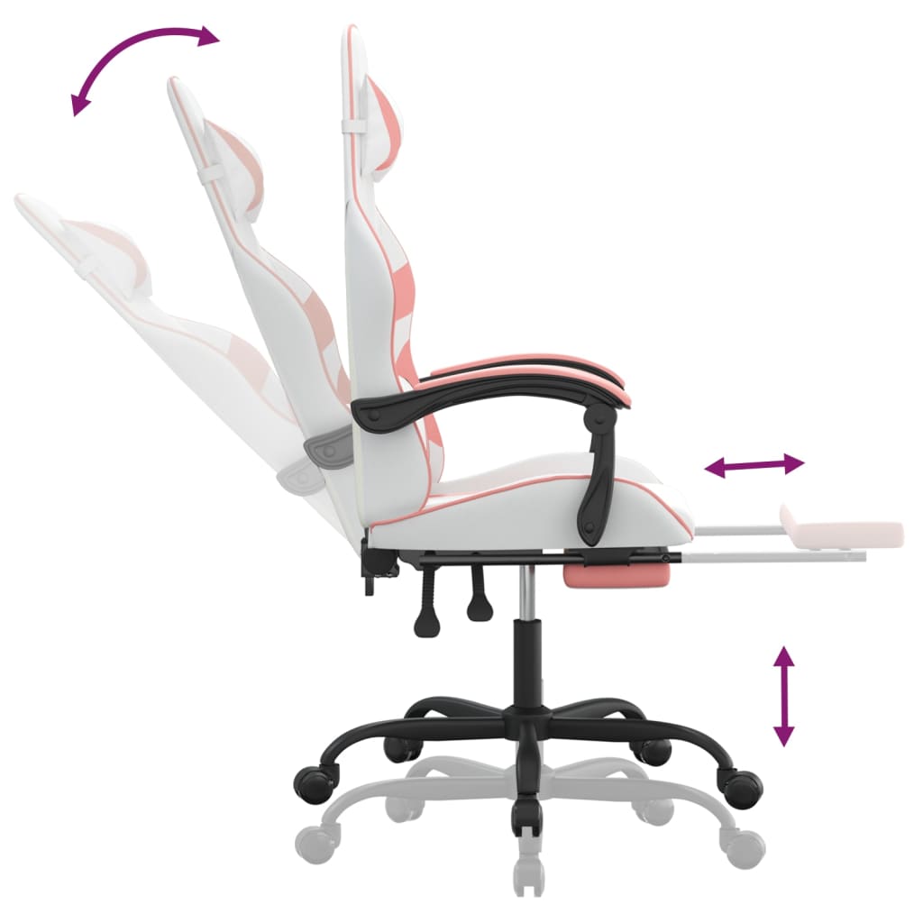 swivel gaming chair with footrest, white and pink, faux leather