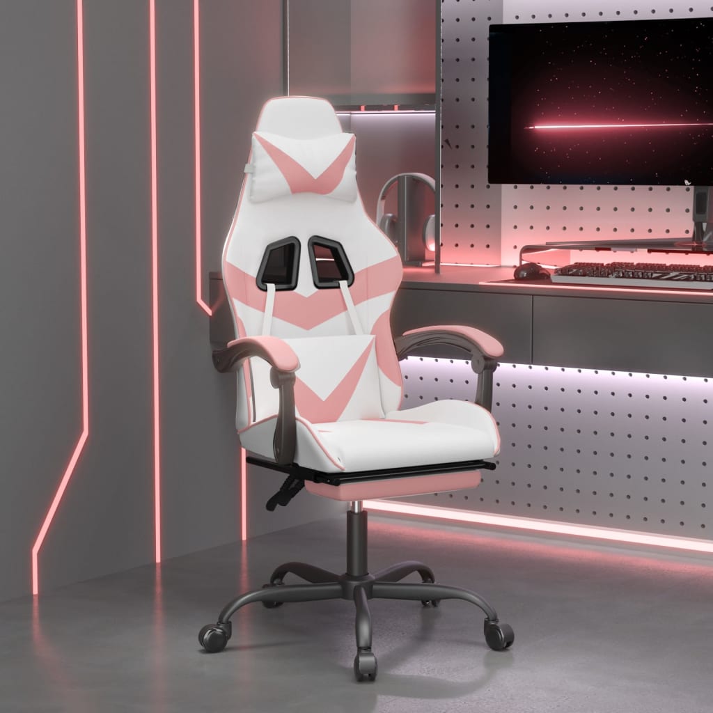 swivel gaming chair with footrest, white and pink, faux leather