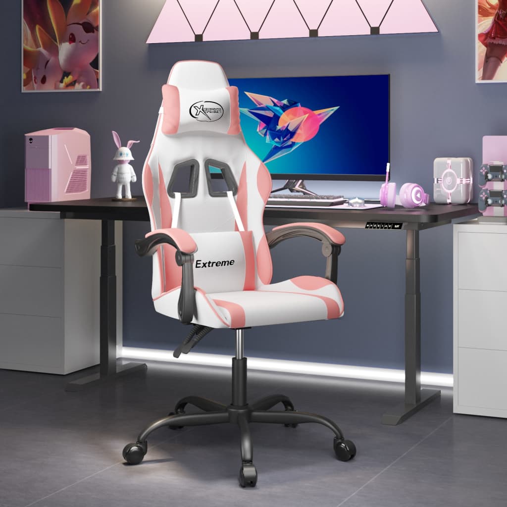 swivel gaming chair, white and pink, faux leather