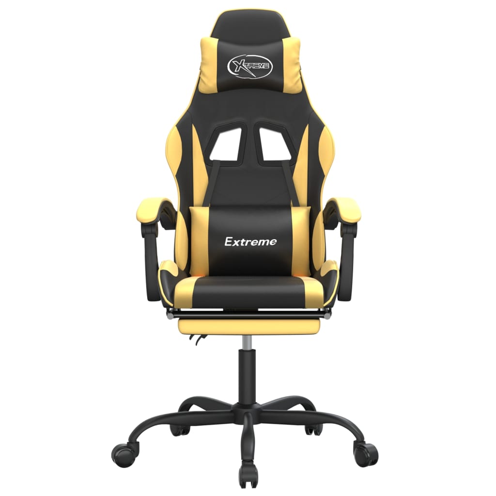 swivel gaming chair with footrest, black and gold, faux leather