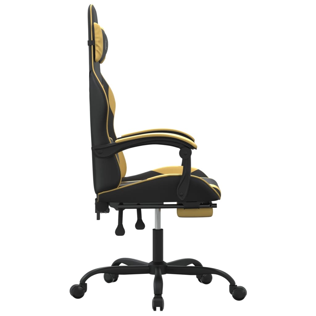 swivel gaming chair with footrest, black and gold, faux leather