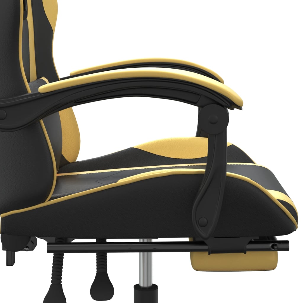 swivel gaming chair with footrest, black and gold, faux leather