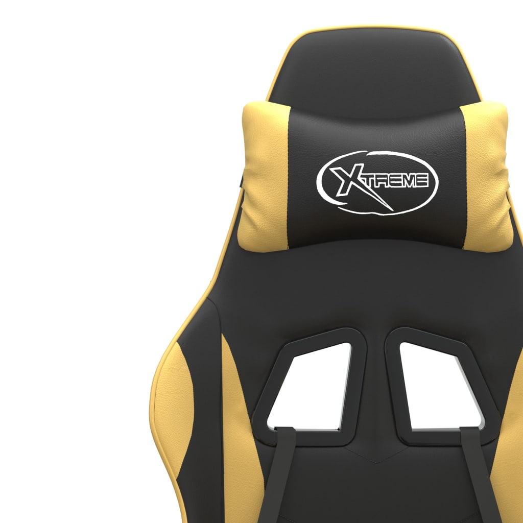 swivel gaming chair with footrest, black and gold, faux leather