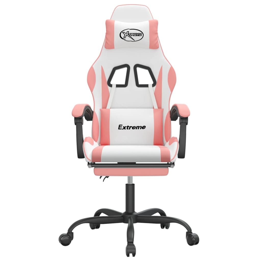 swivel gaming chair with footrest, white and pink, faux leather