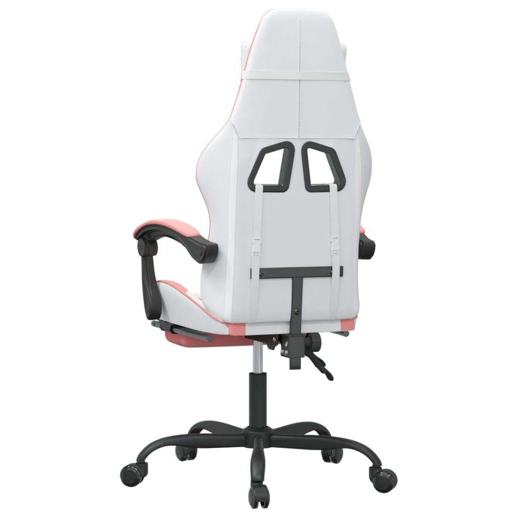 swivel gaming chair with footrest, white and pink, faux leather