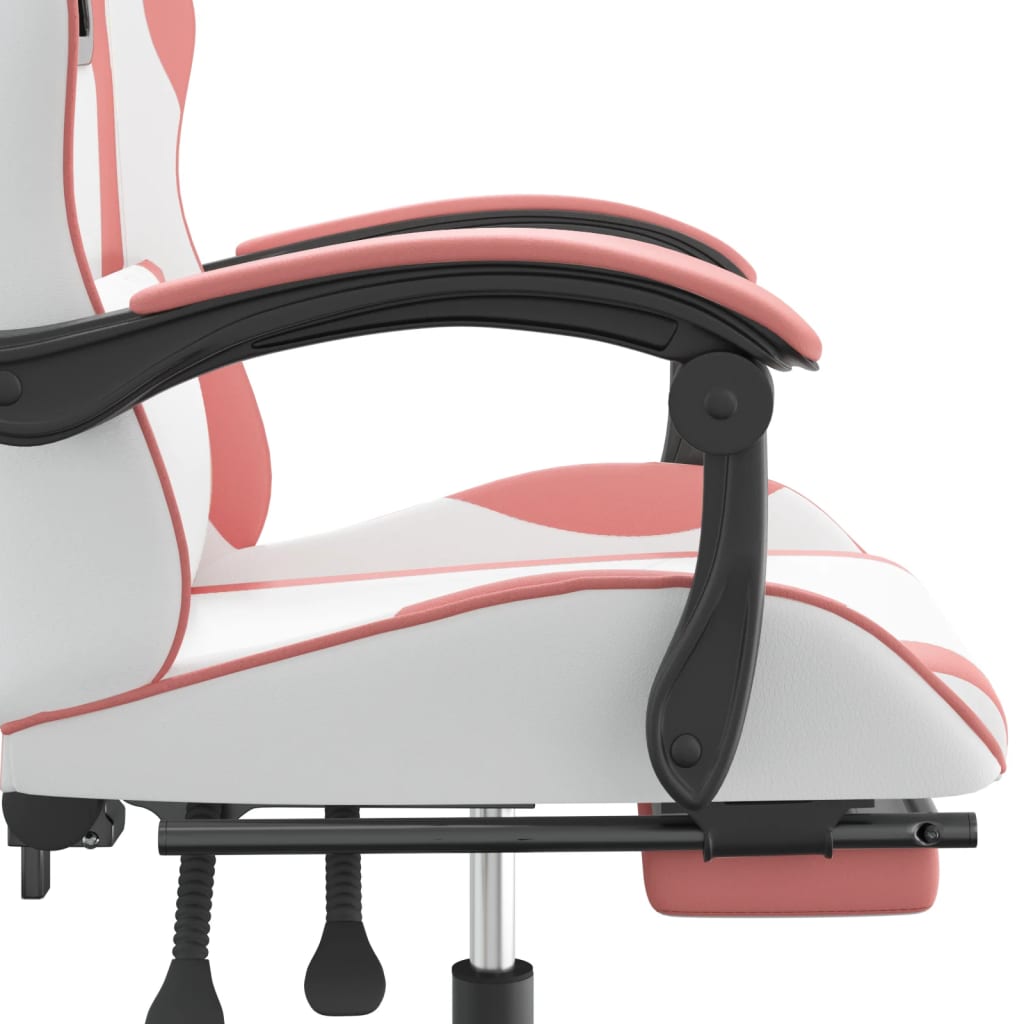 swivel gaming chair with footrest, white and pink, faux leather