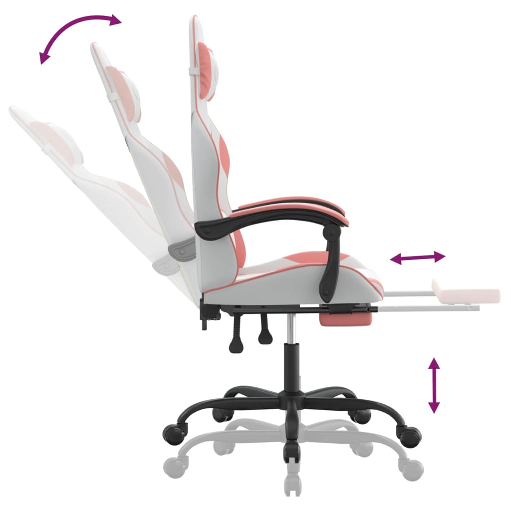 swivel gaming chair with footrest, white and pink, faux leather