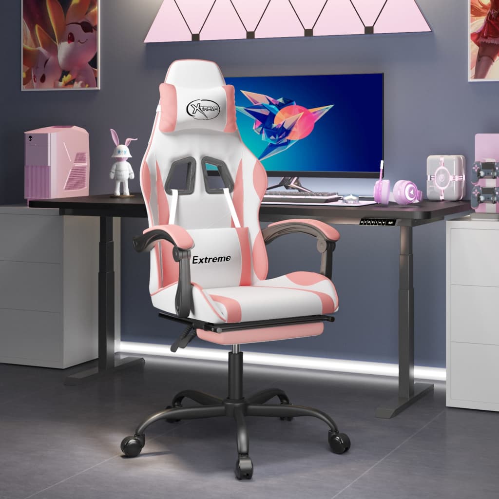 swivel gaming chair with footrest, white and pink, faux leather