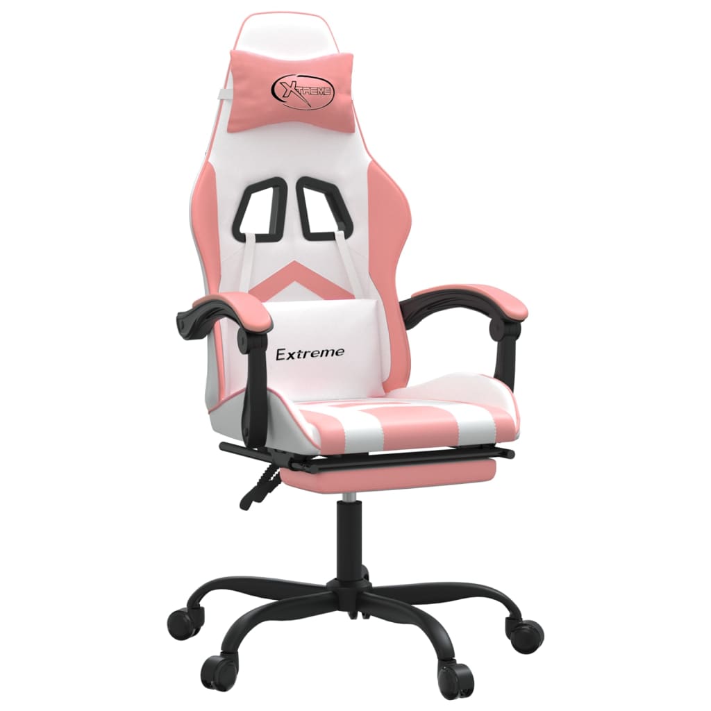 swivel gaming chair with footrest, white and pink, faux leather