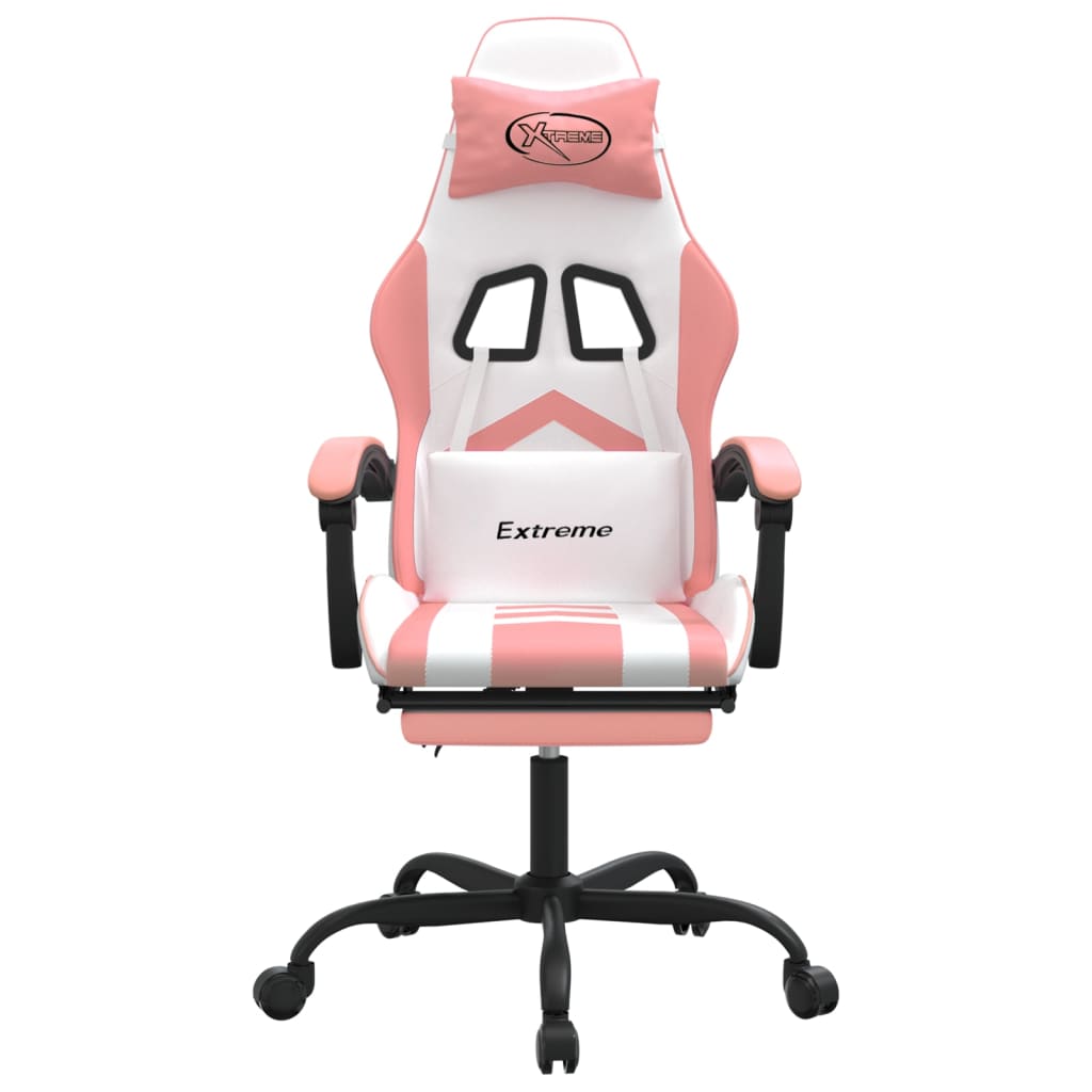 swivel gaming chair with footrest, white and pink, faux leather