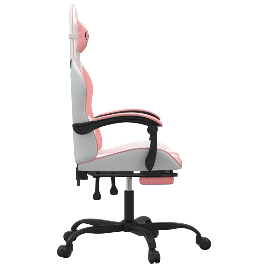 swivel gaming chair with footrest, white and pink, faux leather