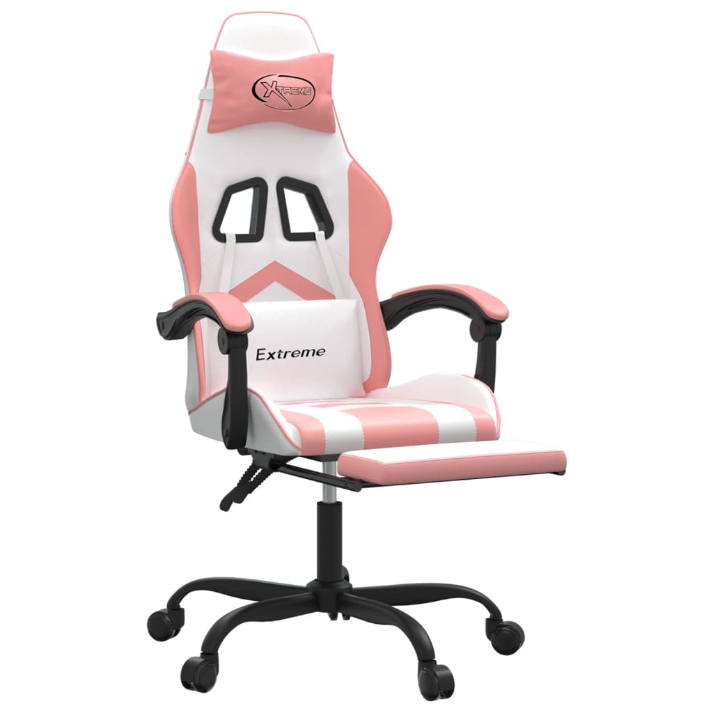 swivel gaming chair with footrest, white and pink, faux leather