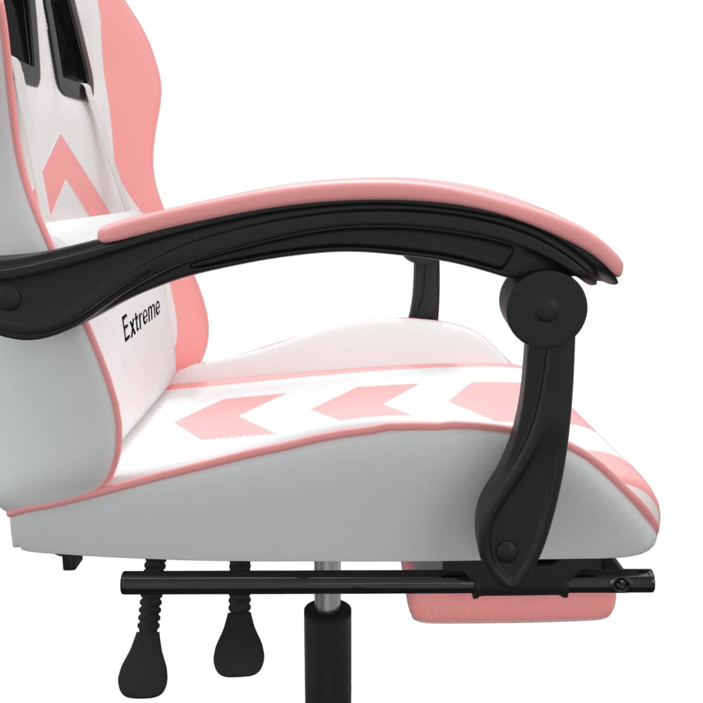 swivel gaming chair with footrest, white and pink, faux leather