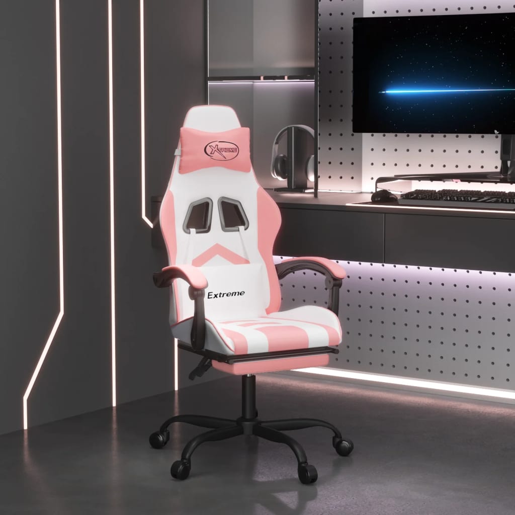 swivel gaming chair with footrest, white and pink, faux leather