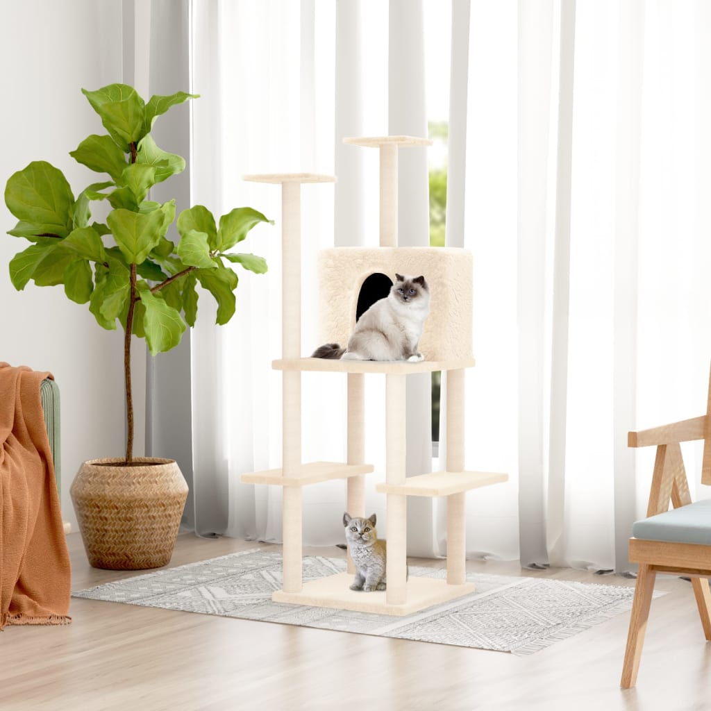 Cat house with sisal rope scratching post, cream, 144.5 cm