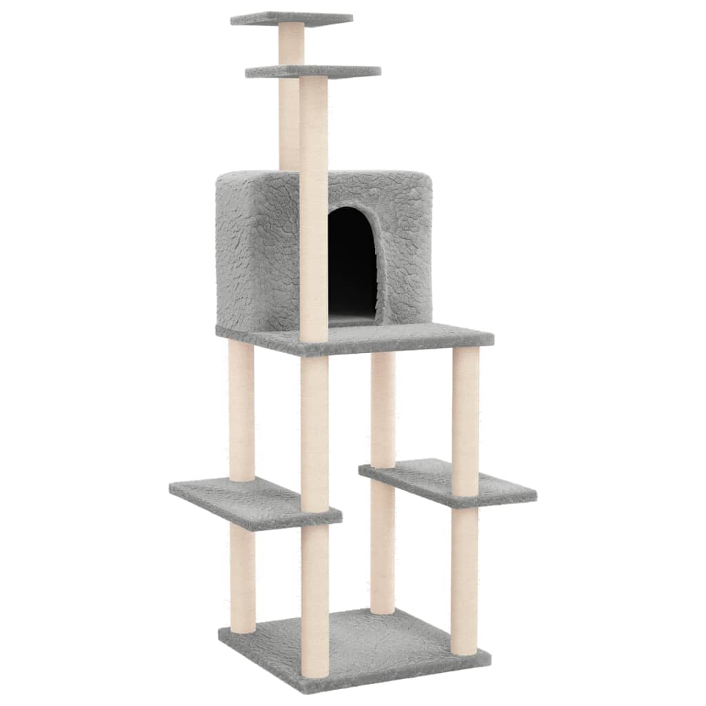 Cat house with sisal rope scratching post, light grey, 144.5 cm