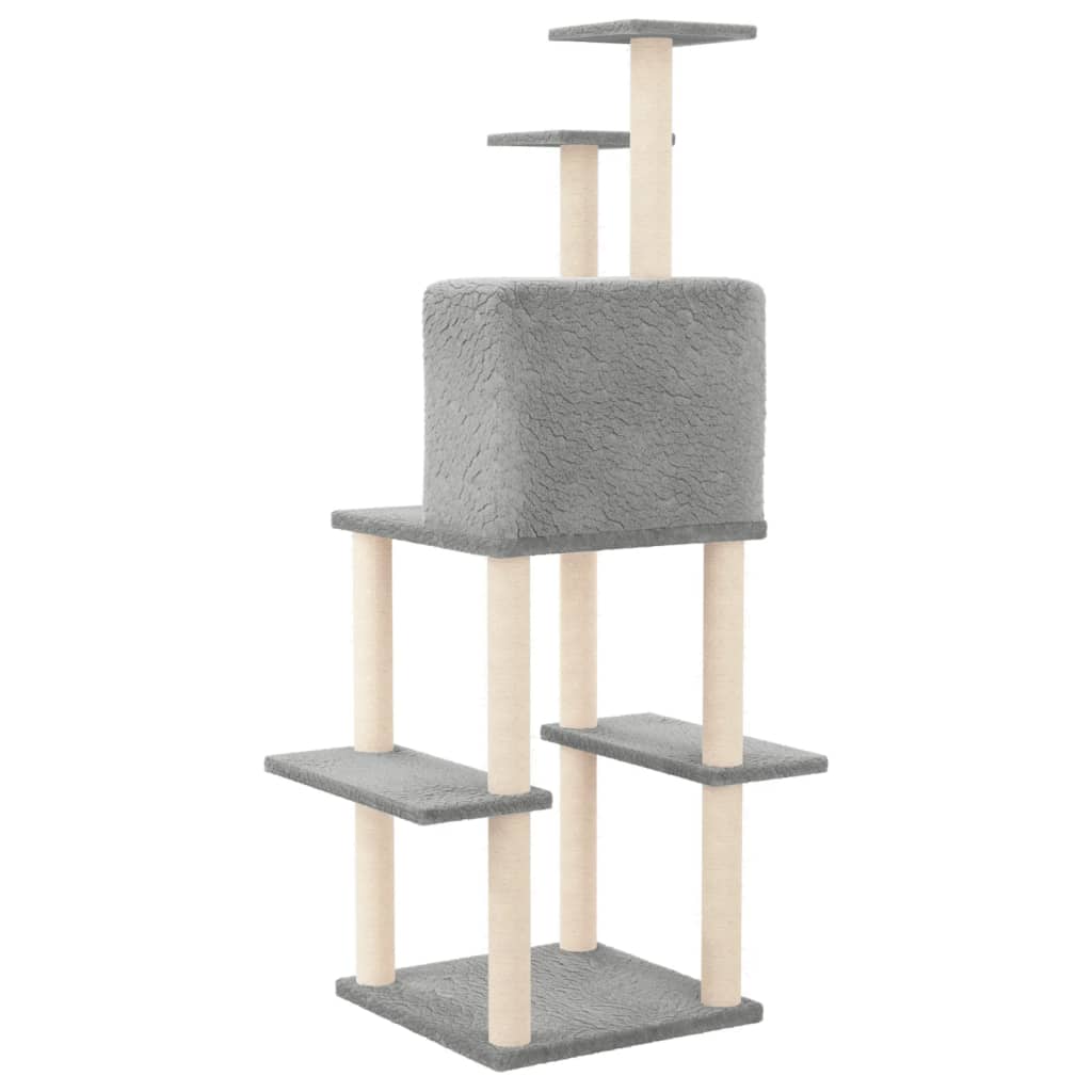 Cat house with sisal rope scratching post, light grey, 144.5 cm