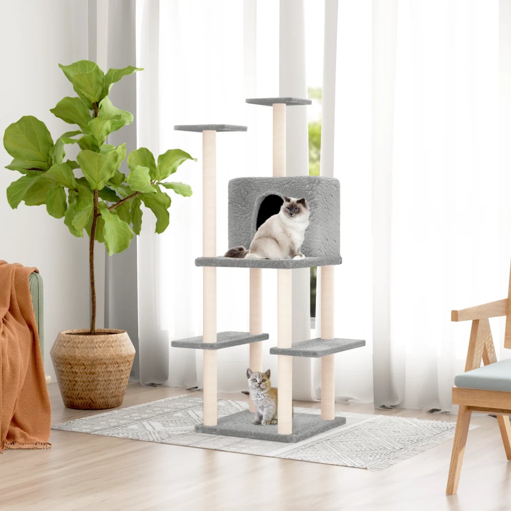 Cat house with sisal rope scratching post, light grey, 144.5 cm