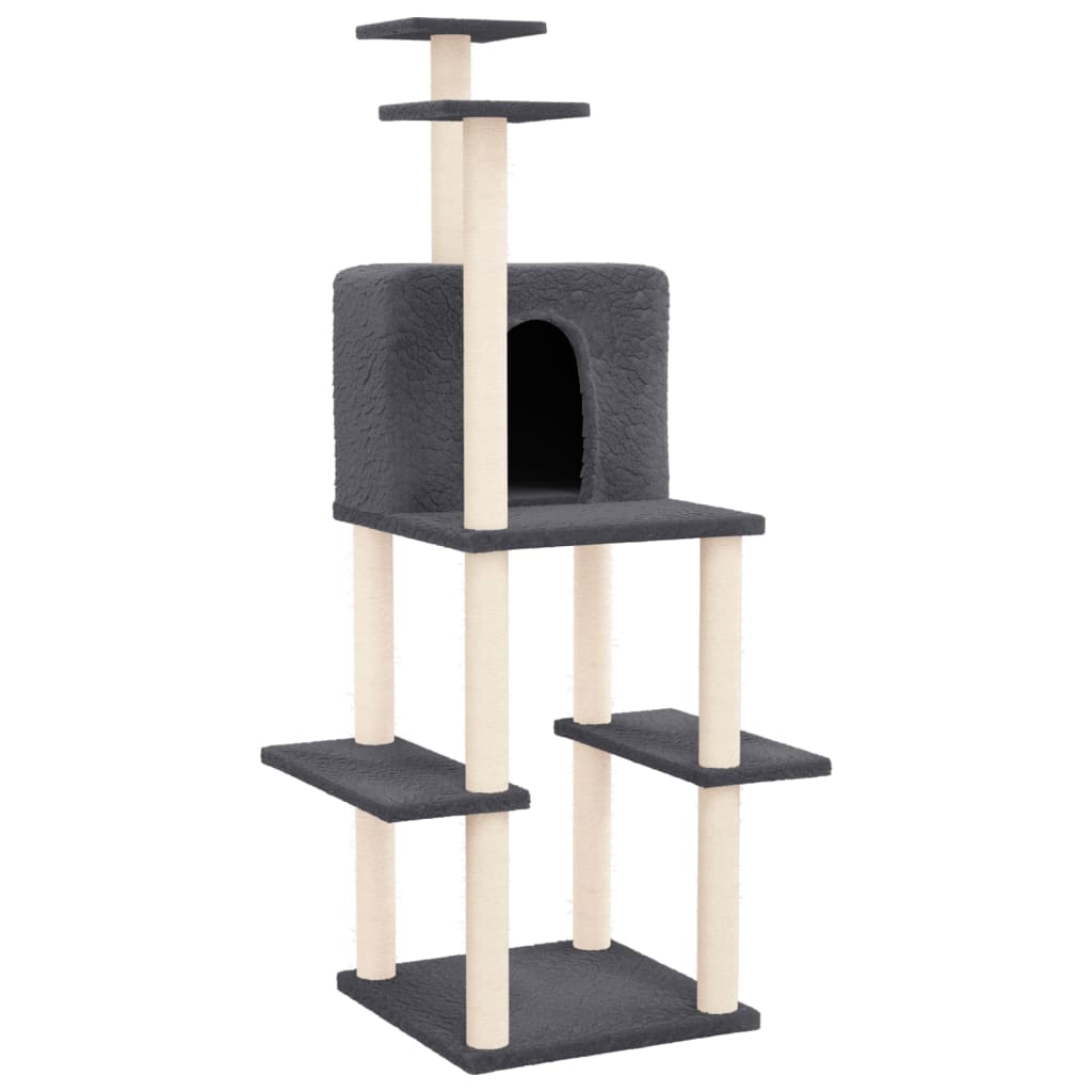 Cat house with sisal rope scratching post, dark grey, 144.5 cm