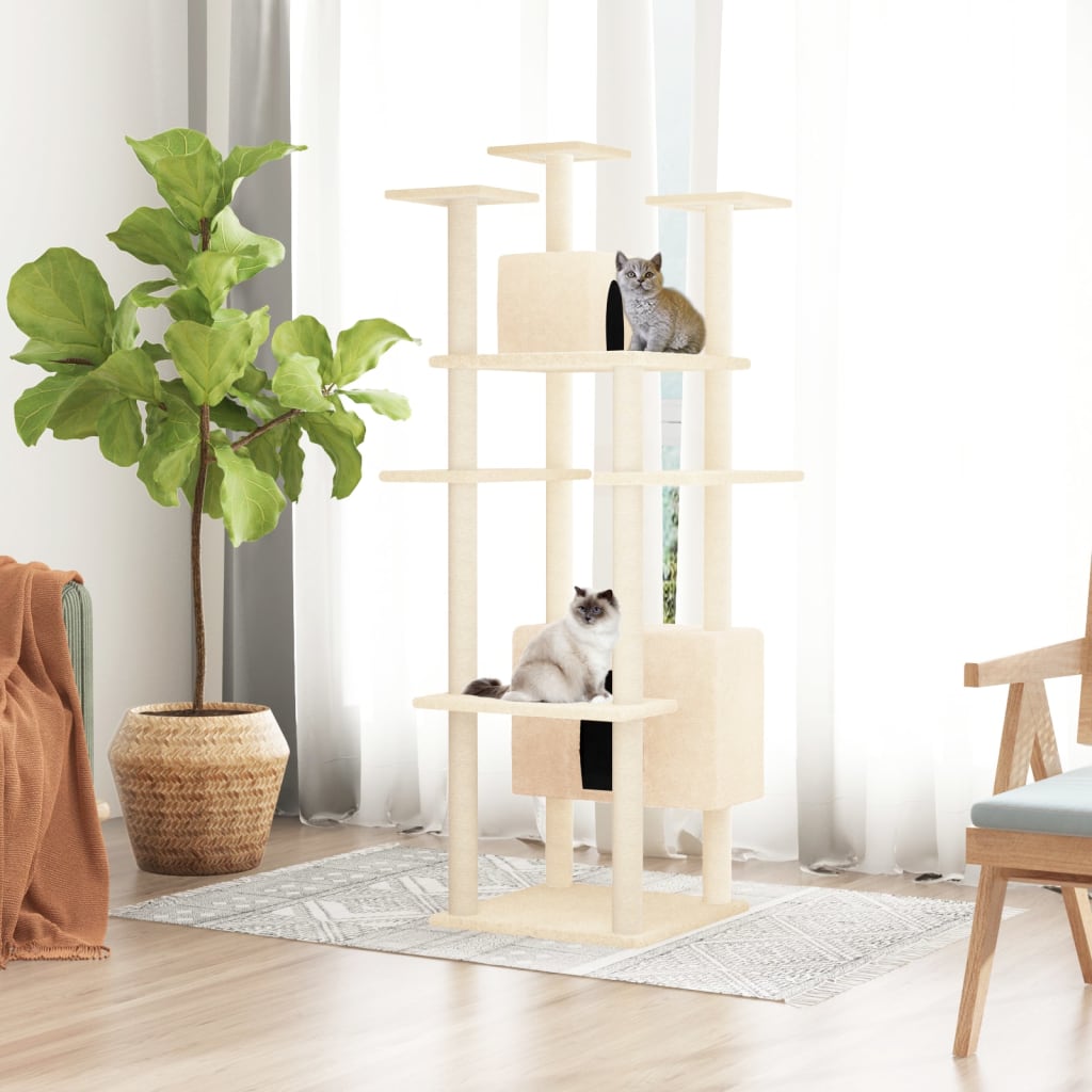 Cat house with sisal rope and scratching post, cream, 162 cm