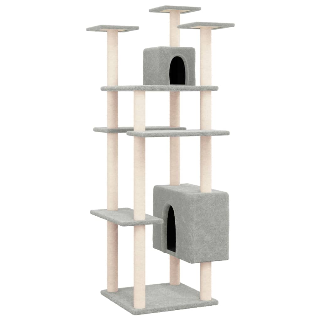 Cat house with sisal rope and scratching post, light grey, 162 cm