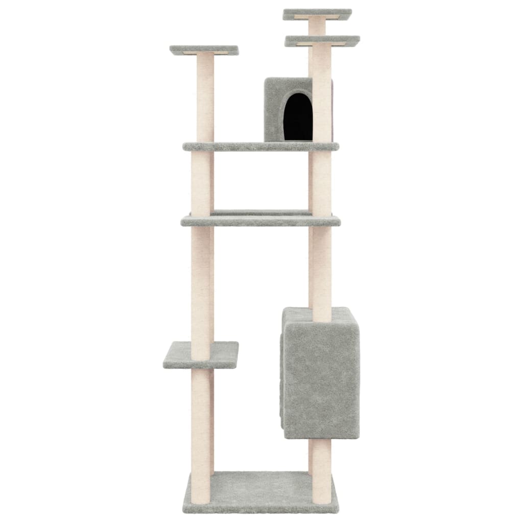 Cat house with sisal rope and scratching post, light grey, 162 cm