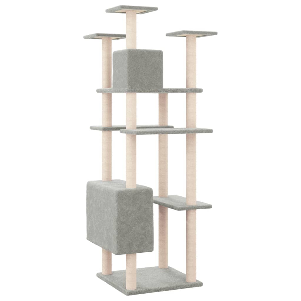 Cat house with sisal rope and scratching post, light grey, 162 cm