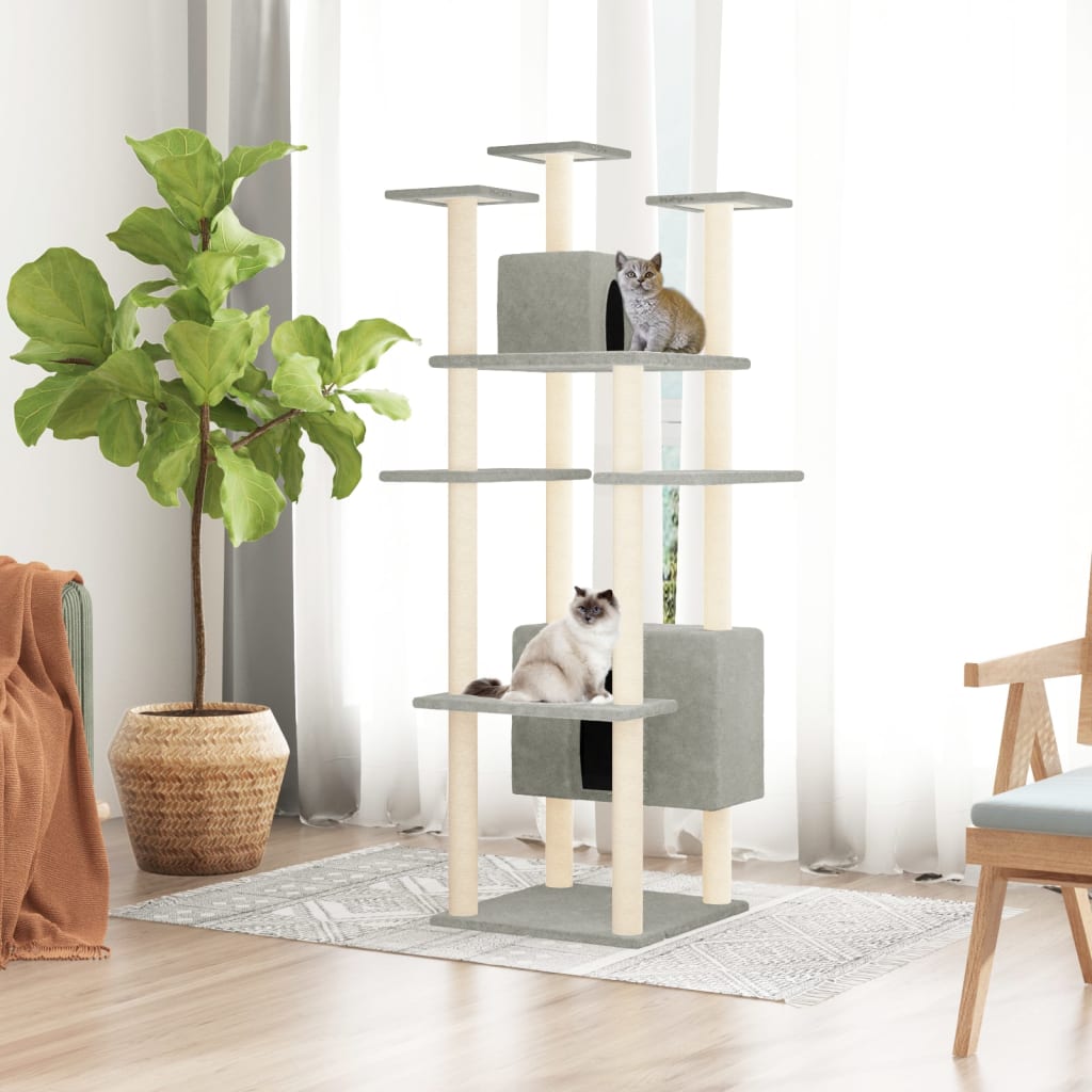 Cat house with sisal rope and scratching post, light grey, 162 cm