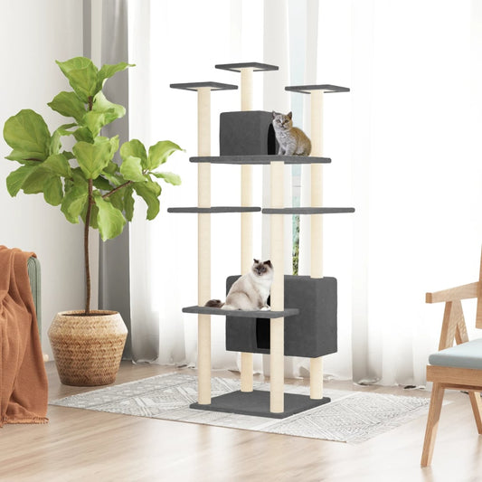 Cat house with sisal rope and scratching post, dark grey, 162 cm