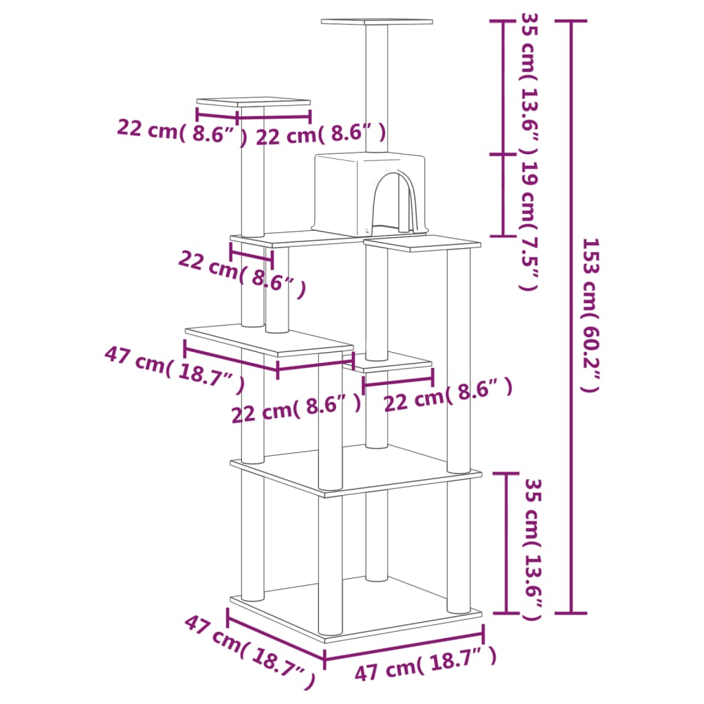 Cat house with sisal rope and scratching post, cream, 153 cm