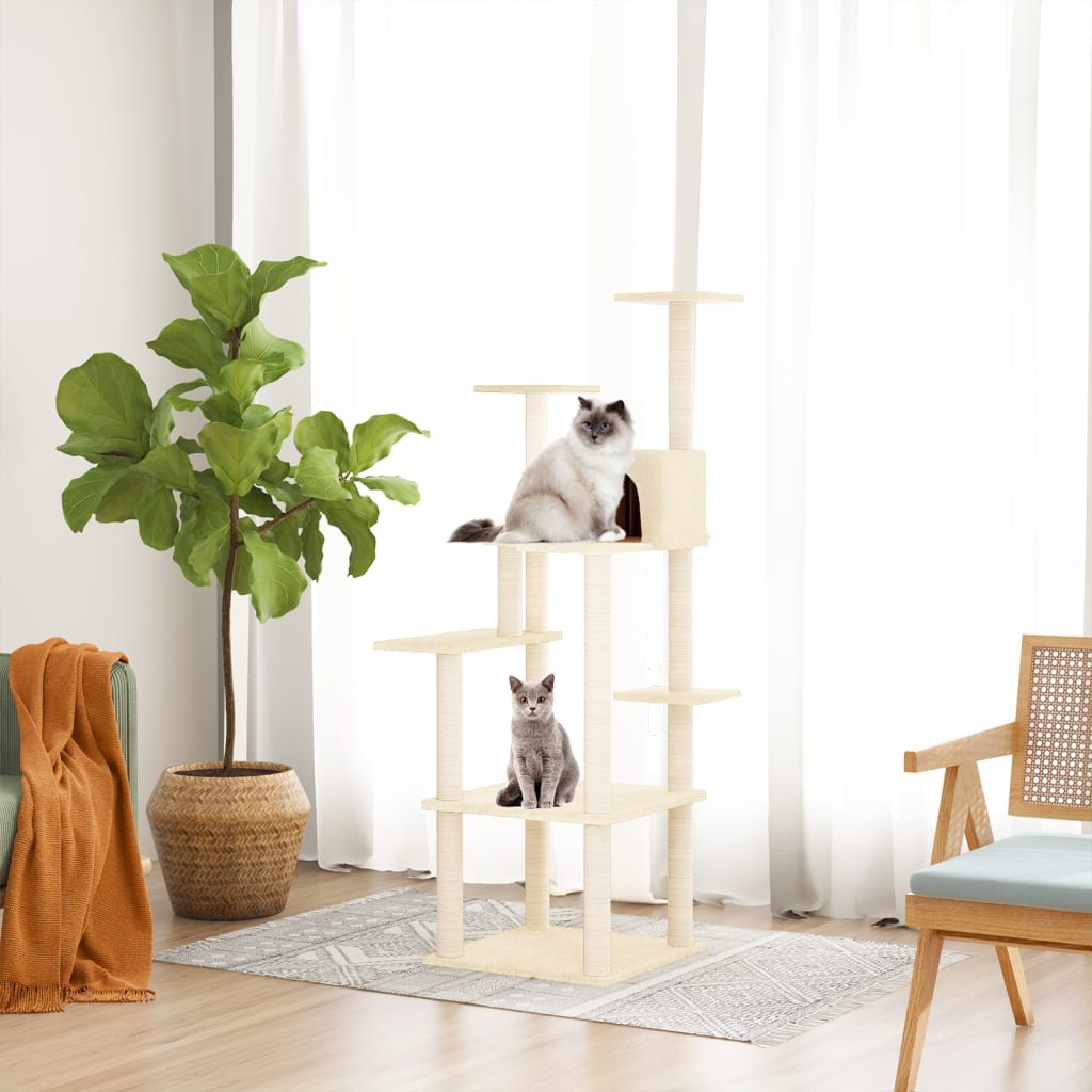 Cat house with sisal rope and scratching post, cream, 153 cm