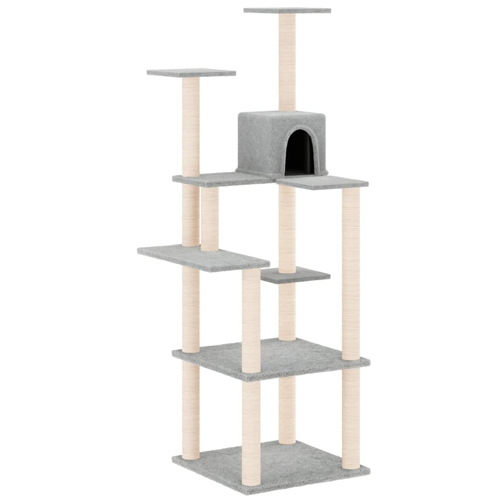 Cat house with sisal rope and scratching post, light grey, 153 cm