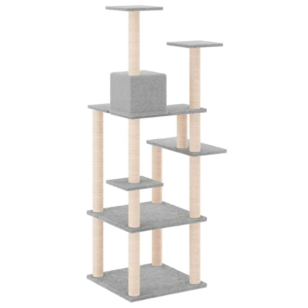 Cat house with sisal rope and scratching post, light grey, 153 cm