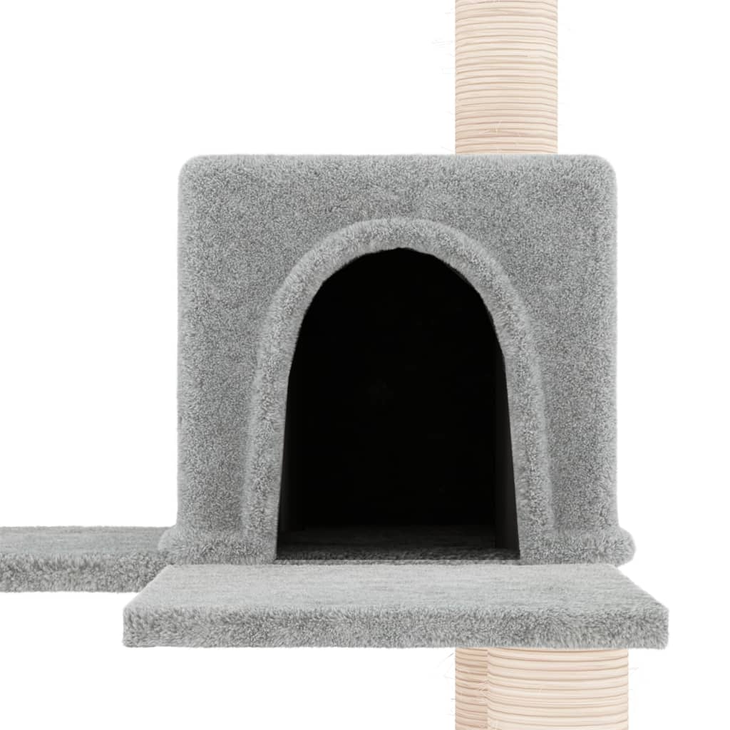 Cat house with sisal rope and scratching post, light grey, 153 cm