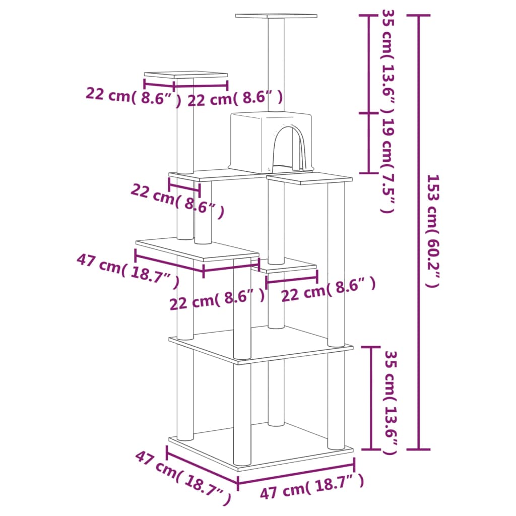 Cat house with sisal rope and scratching post, light grey, 153 cm