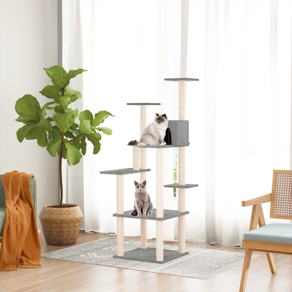 Cat house with sisal rope and scratching post, light grey, 153 cm