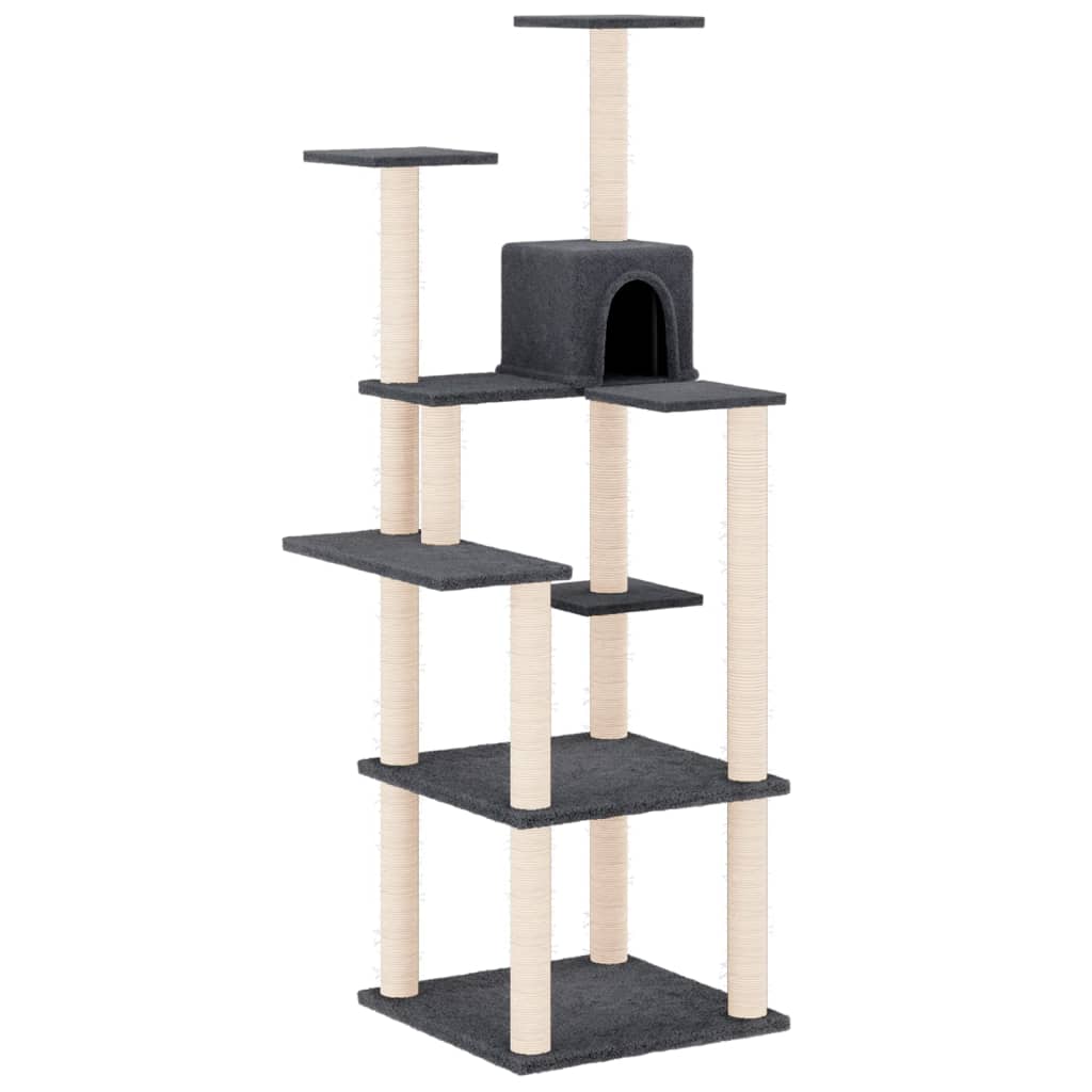 Cat house with sisal rope and scratching post, dark grey, 153 cm