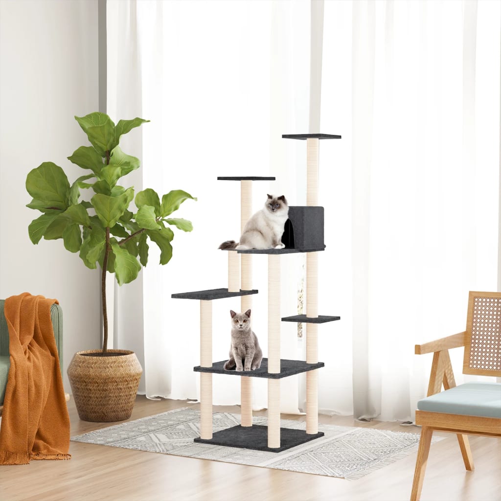 Cat house with sisal rope and scratching post, dark grey, 153 cm