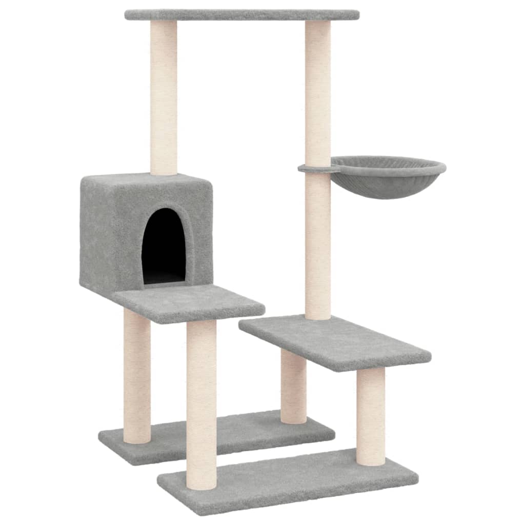 Cat house with sisal rope and scratching post, light grey, 94.5 cm