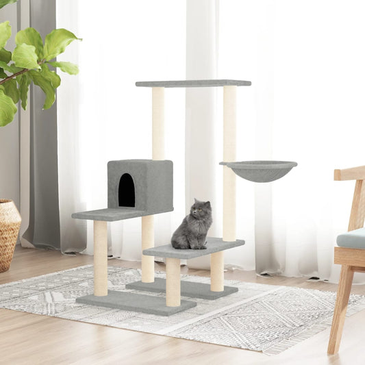 Cat house with sisal rope and scratching post, light grey, 94.5 cm