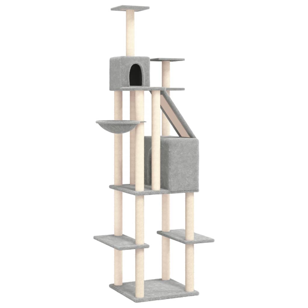 Cat house with sisal rope and scratching post, light grey, 201 cm