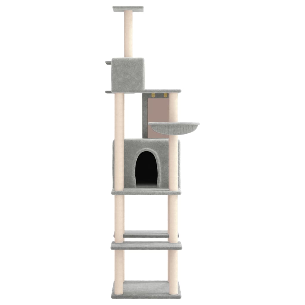 Cat house with sisal rope and scratching post, light grey, 201 cm