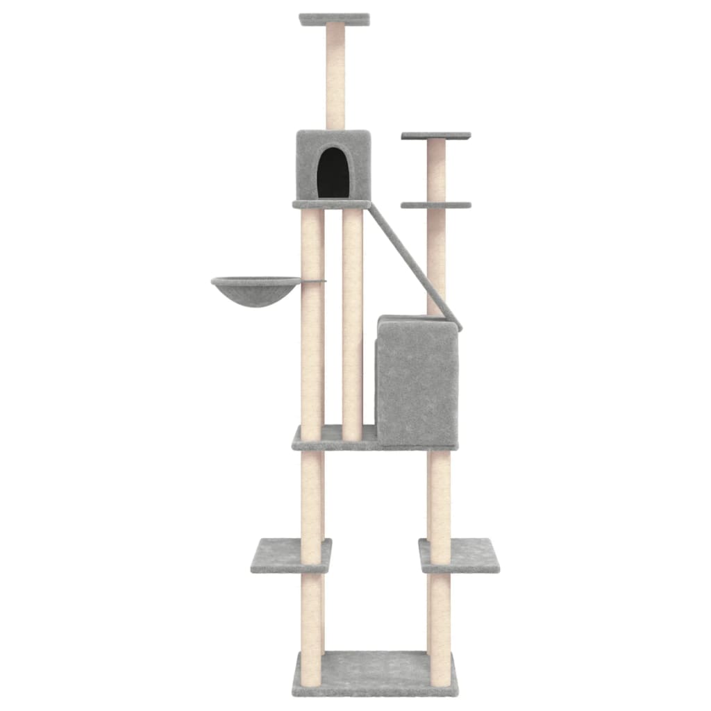 Cat house with sisal rope and scratching post, light grey, 201 cm