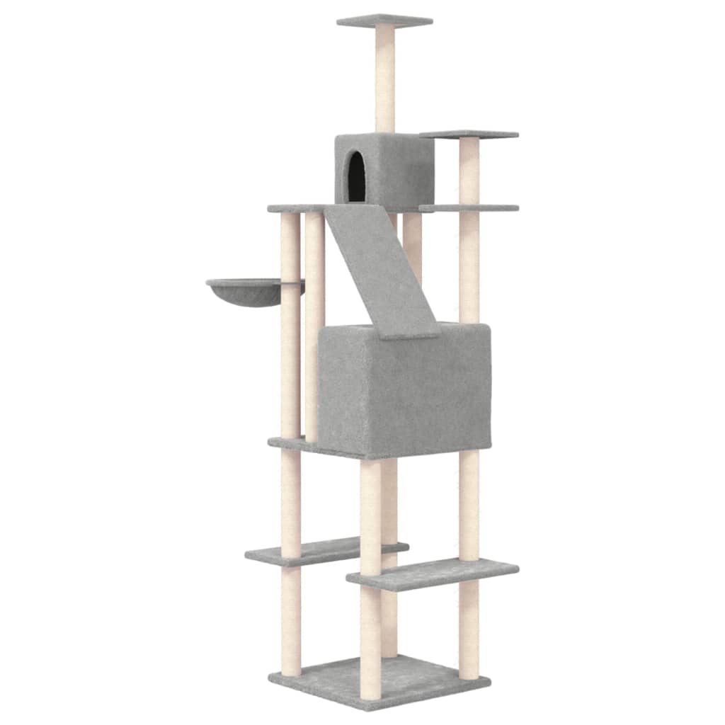 Cat house with sisal rope and scratching post, light grey, 201 cm