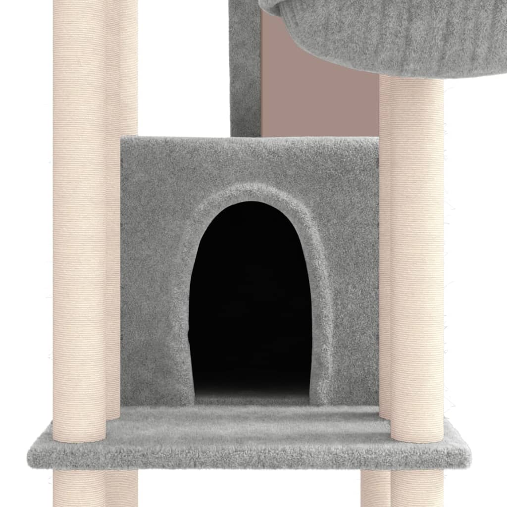 Cat house with sisal rope and scratching post, light grey, 201 cm