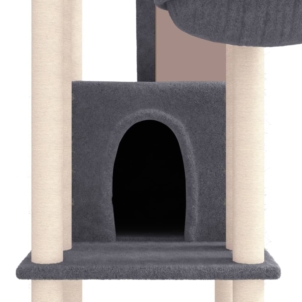 Cat house with sisal rope and scratching post, dark grey, 201 cm